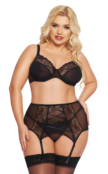 Комплект SoftLine Collection Dolores (бюстгальтер, стринги и пояс для чулок), черный, XL