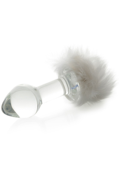 Анальная втулка Sexus Glass, с белым хвостиком, стекло, прозрачная, 14 см, Ø 4 см